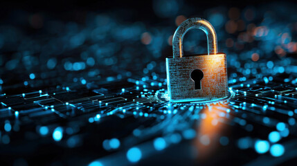 Glowing digital padlock on futuristic circuit board, symbolizing security and technology