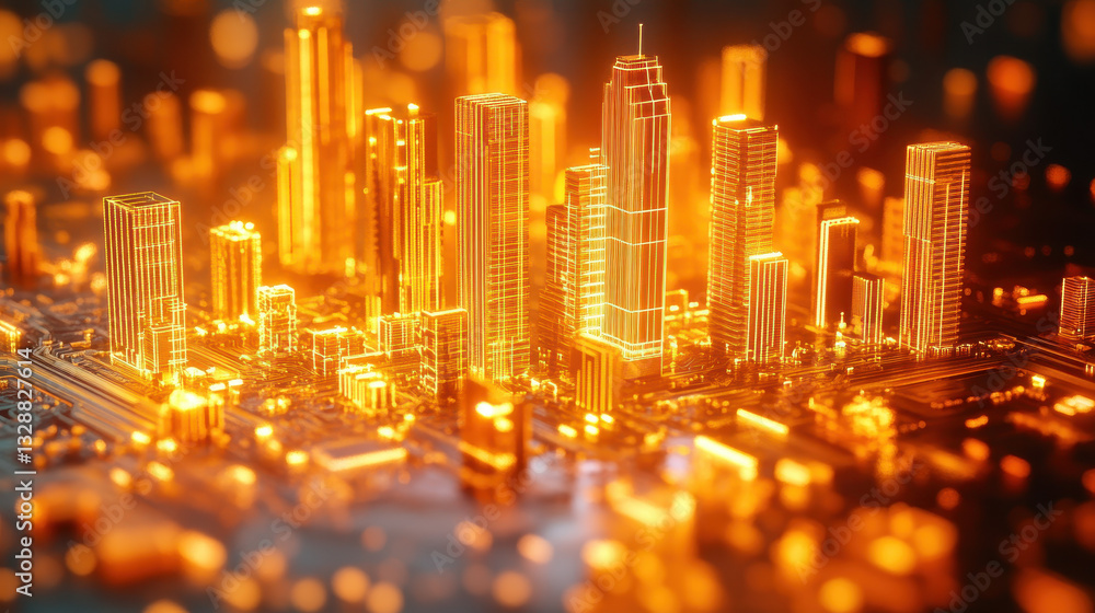 Aufkleber 3d rendering of a glowing cityscape made from a circuit board