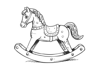 Rocking horse. Children's toy. Cute classic wooden swing. Blue baby wooden horse Watercolor vector illustration