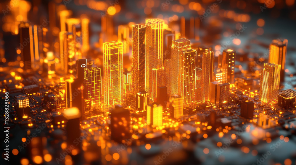 Poster 3d rendering of a glowing cityscape made from a circuit board