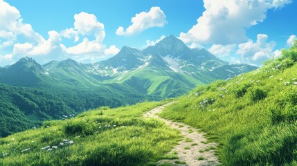 Obraz premium Mountain path, sunny meadow, hiking