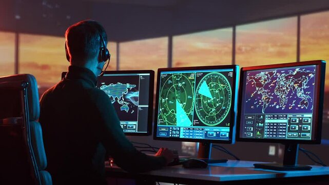 Air traffic controller intently monitors flight data on multiple computer screens in a modern control tower.