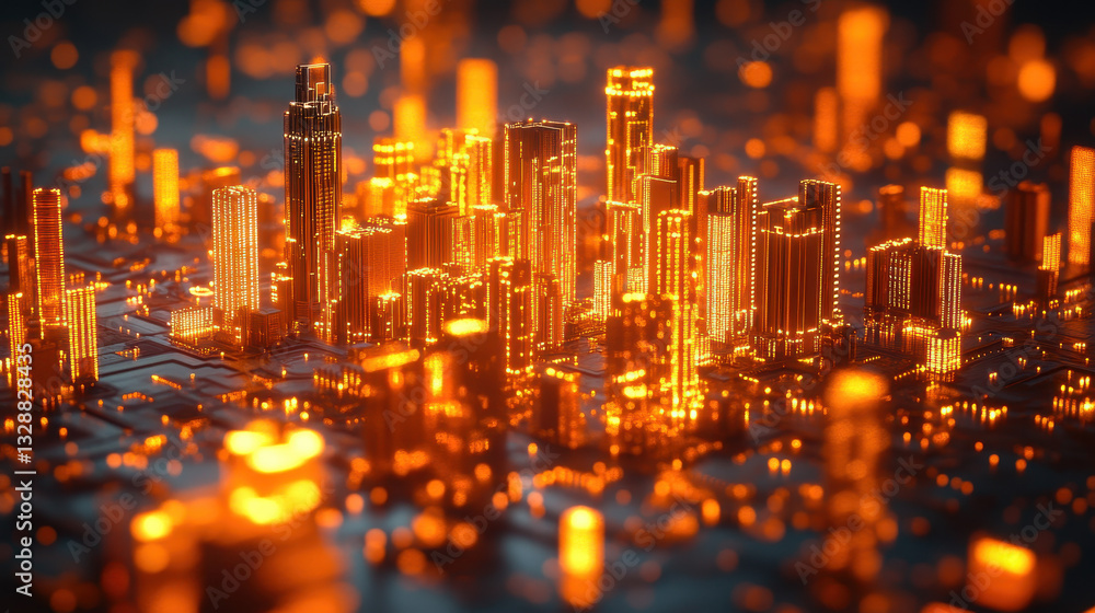 Poster 3d rendering of a glowing cityscape made from a circuit board