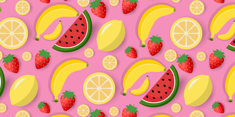 Minimalistic  abstract fruit pattern seamless background. Modern strawberry,orange,banana,  Perfect for textile design, screensavers, covers, cards, invitations and posters or summer background