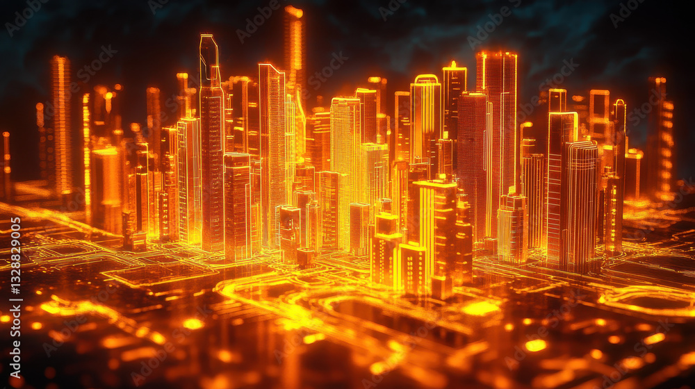 Poster 3d rendering of a glowing cityscape made from a circuit board