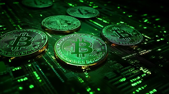 Several digital currency coins on a circuit board are displayed