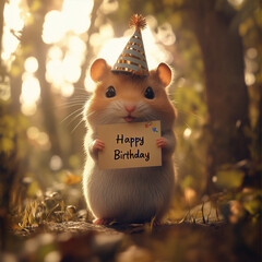 A hamster in the forest, holding a happy birthday card.