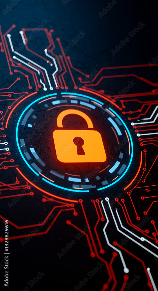 Poster cyber security lock: glowing tech circuit protection for data privacy, firewall, network, & encrypti