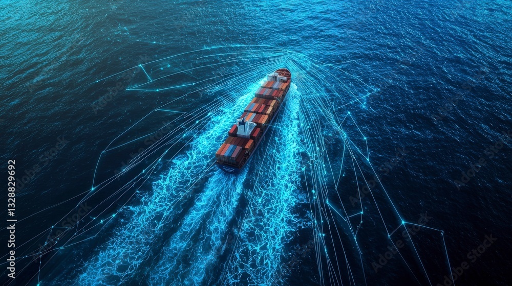 Poster freighter navigates digital seas with abstract pattern