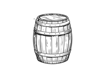 Logo design with wooden beer barrels. Wooden craft beer, whiskey, wine alcohol barrel. Brown vintage engraved hand drawn vector illustration. 
