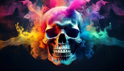 Skull with rainbow-colored smoke emerging from empty sockets, creating a vivid and surreal contrast