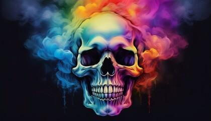 Skull with rainbow-colored smoke emerging from empty sockets, creating a vivid and surreal contrast