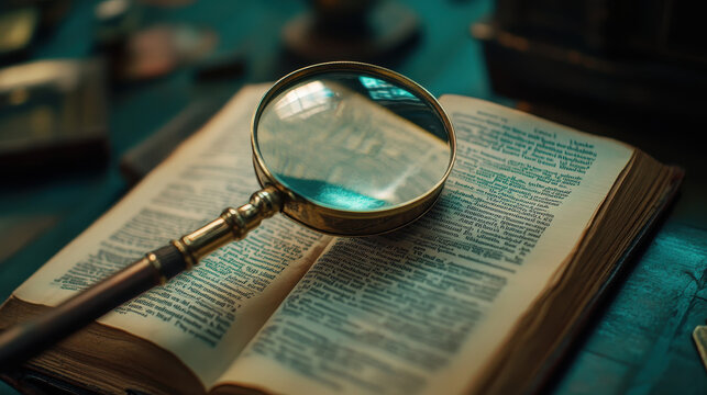 A magnifying glass is placed on an open book showcasing detailed text. The warm, soft light enhances the vintage atmosphere, inviting readers to explore its pages more closely
