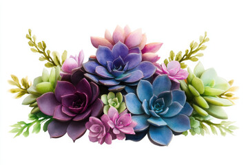 Fototapeta premium vibrant cluster of watercolor succulents in various colors with green foliage, Isolated design on white background
