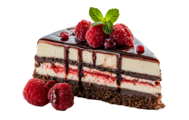 Raspberry chocolate layered dessert on white