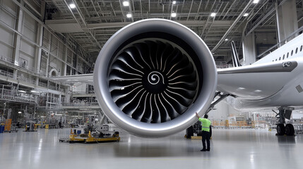 Fototapeta premium A technician examines a large commercial aircraft engine in a spacious aviation repair facility. The environment is clean and organized with advanced machinery around