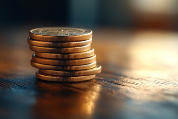 Stacked golden coins on wooden surface with warm lighting