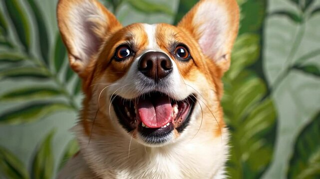 Happy Corgi Dog with Wide Smile and Perky Ears in Leafy Green Background, Exuding Joy and Playfulness, Perfect Pet Portrait of Playful Animal
