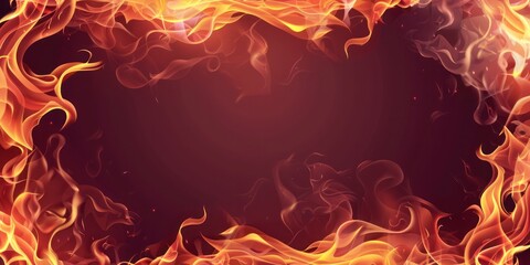 Fototapeta na wymiar Fire flame simplicity border frame hot heat burn red orange wallpaper flow on wind corner overlay dark background.