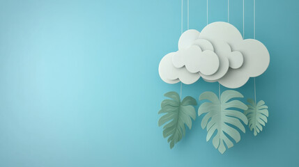 A stylish cloud made of soft material hangs from the ceiling, surrounded by vibrant tropical leaves. The serene blue backdrop enhances the decor's freshness and modernity