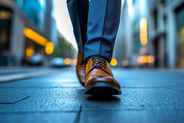 Close up of brown leather shoes walking on city street