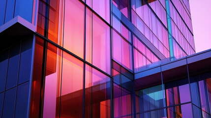 Vibrant colors reflect on a contemporary glass building in an urban environment during the early evening. The design highlights unique structures and aesthetics