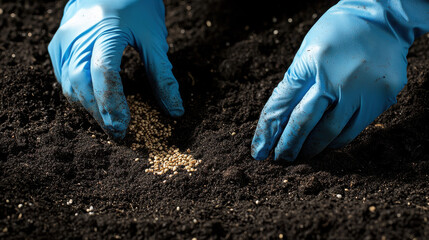 Hands wearing blue gloves are carefully planting seeds into dark, nutrient-rich soil. Sunlight shines on the garden, indicating a warm and inviting day