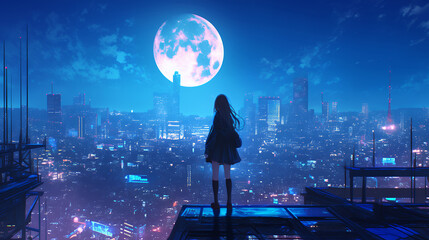 Fototapeta premium 空を見上げるアニメ風の女の子 AI生成画像