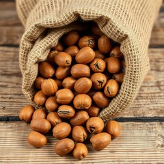 Close-up Nuts in Burlap Bag on Wooden Table