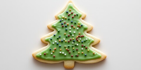 Fototapeta premium A festive, chocolate chip-studded sugar cookie shaped like a Christmas tree. Its vibrant green icing is adorned with tiny red and white sprinkles, offering a delightful holiday charm in every bite. Pe