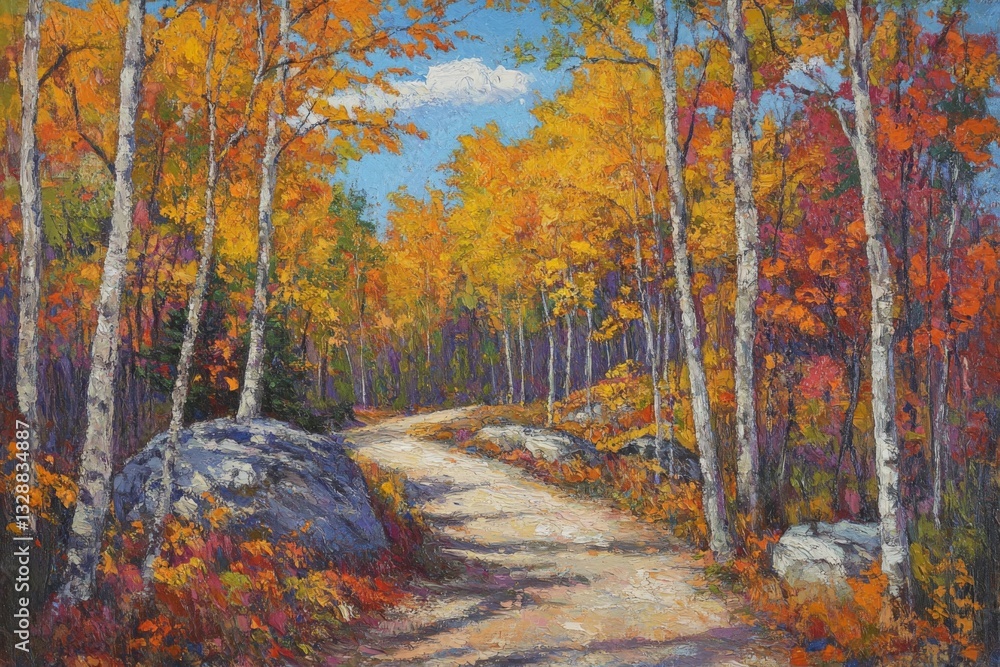 Poster Vibrant autumn landscape with winding path through colorful trees in a serene forest setting