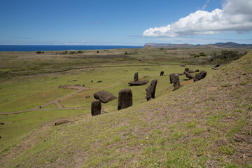 Moai statues in the Rano Raraku Volcano in Easter Island, Rapa Nui National Park, Chile