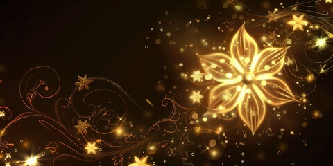 Glowing flow flower blooming design flare curve shine gold yellow orange glitter light black overlay dark wallpaper and copy space.
