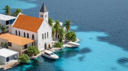 Tranquil Coastal Village with Church, Boats, and Lush Tropical Landscape by the Azure Waters