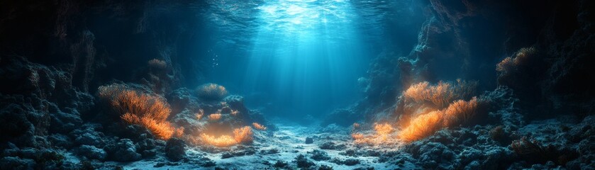 Obraz premium underwater cave scene with sunlight breaking through the surface creating a magical and ethereal atmosphere