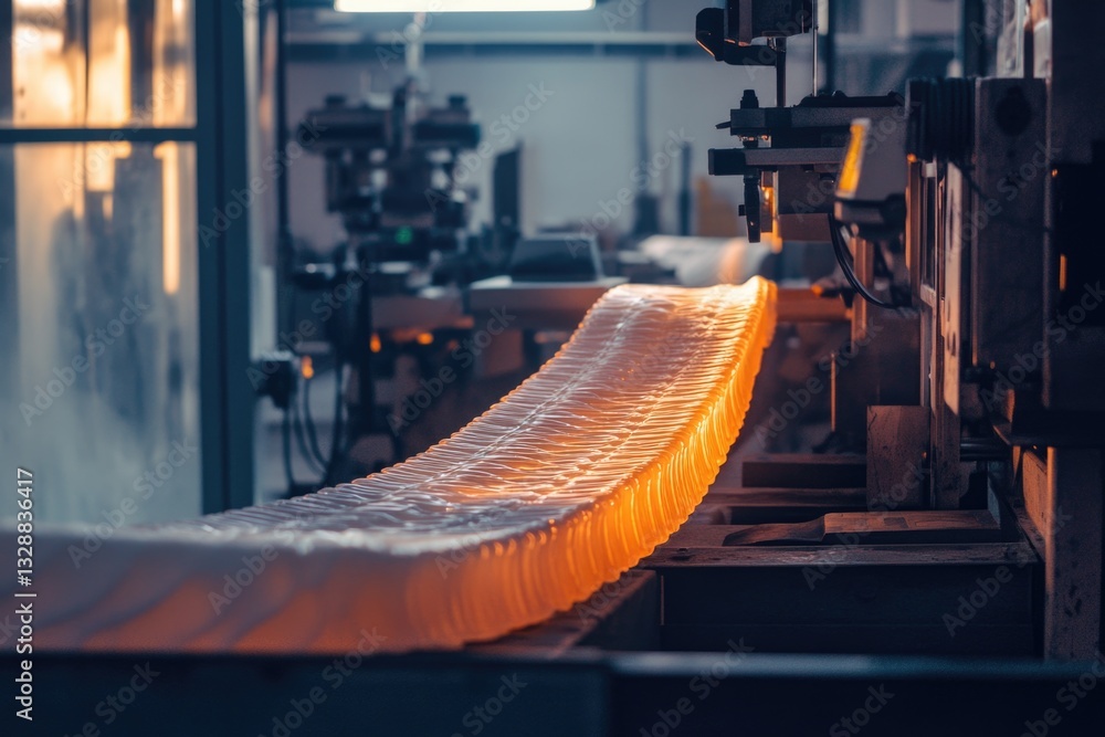 Poster a conveyor belt in a factory filled with liquid for processing or manufacturing