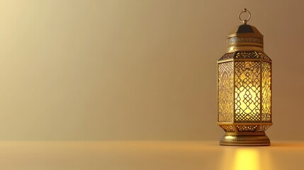 A glowing decorative lantern is placed on a reflective surface