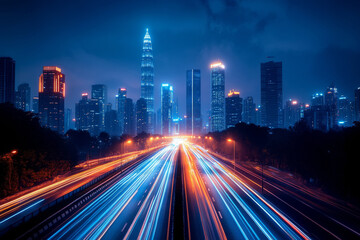 City skyline with light trails on highway at night