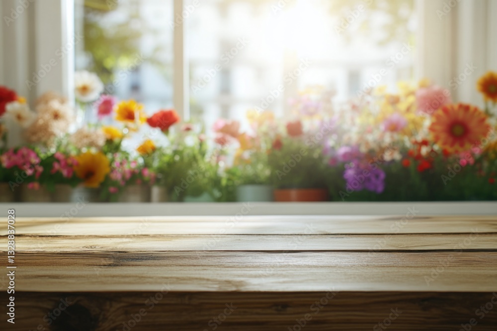 Poster A simple wooden table placed in front of a window with beautiful flowers blooming in the background