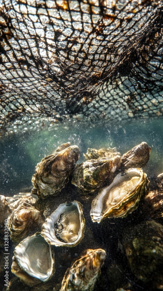 Poster underwater scene with oysters and net