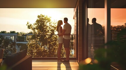 Couple standing on balcony of modern house interior design
