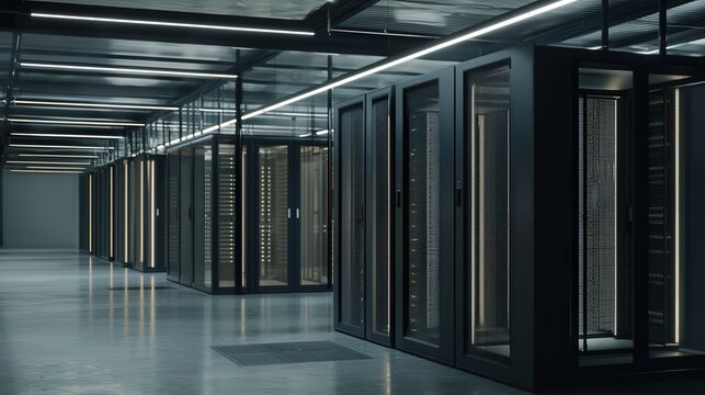 Data center with multiple rows of fully operational server racks cloud computing