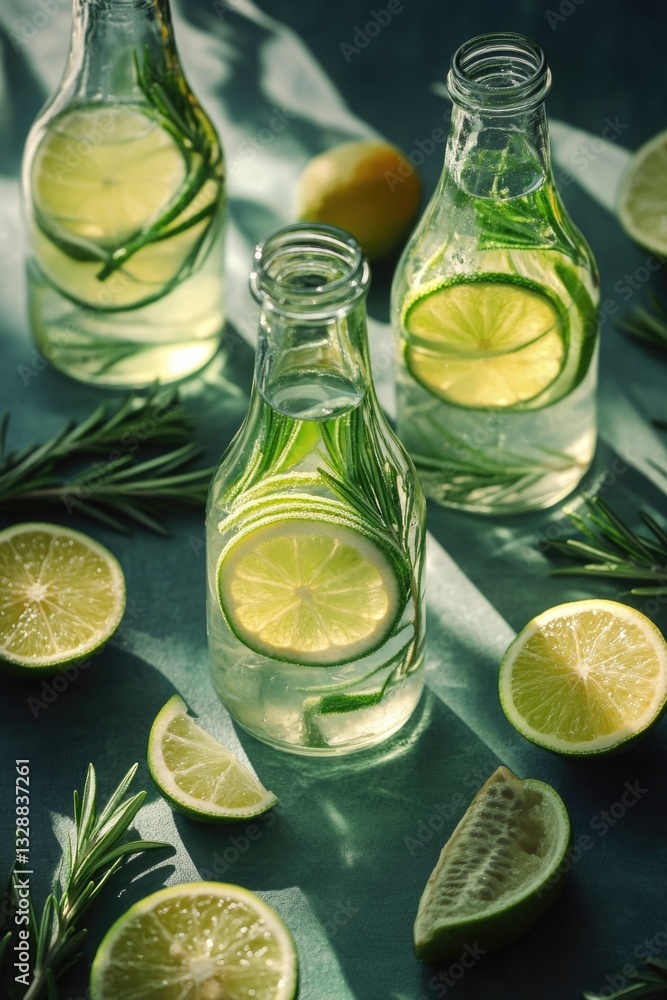 Poster fresh lemons and herbs stored in glass containers for preservation and display