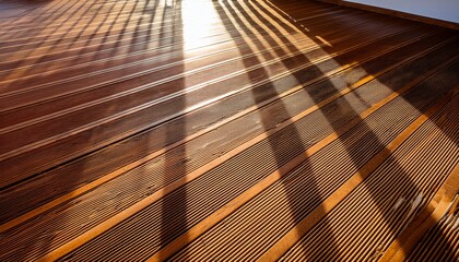 Obraz premium Overexposed golden hour sunlight shining through blinds, casting parallel linear shadows on the surface