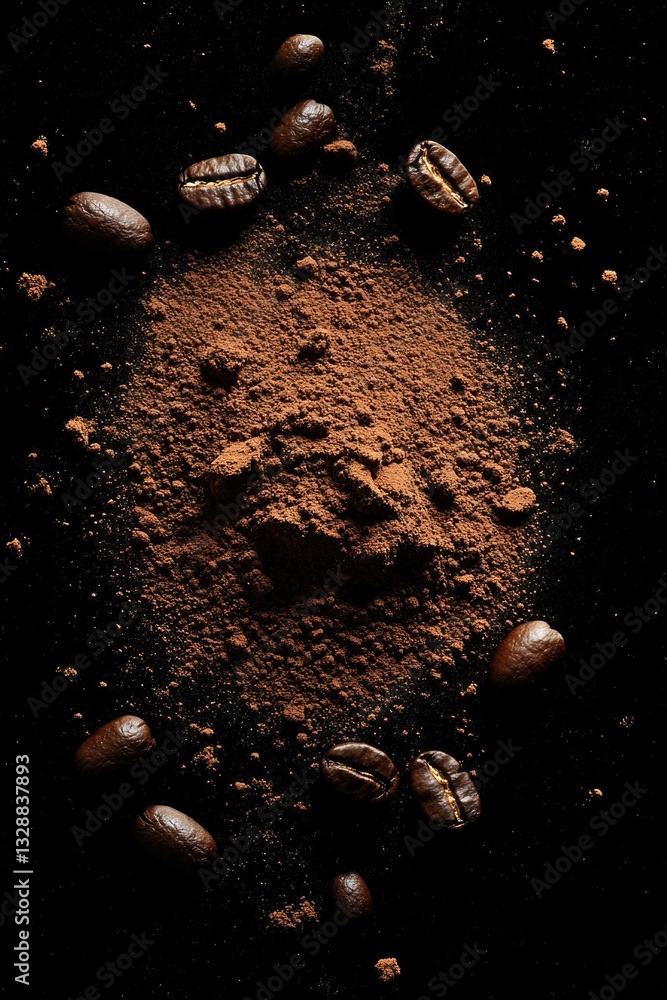 Poster a collection of coffee beans and cocoa powder on a flat surface