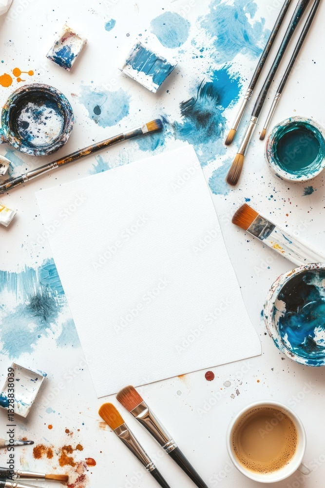 Poster a white table covered in paint and brushes for artistic creation