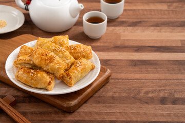 Delicious BBQ pork puff pastry dim sum food.