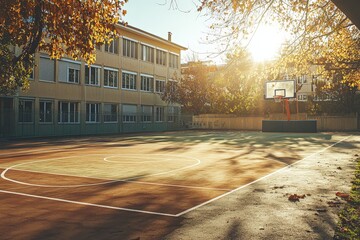 Schoolyard with basketball court and school building exterior in the sunny evening
