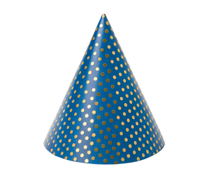 Blue party hat with gold dot pattern, isolated on a white transparent background cutout, perfect for celebrations and festive events, providing a cheerful party accessory focus