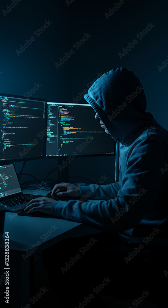 Poster hacker in the shadows: coding attack, cybersecurity threat, data breach alert, & digital intrusion o
